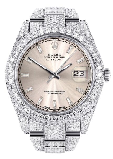 Diamond Iced Out  Datejust 41 | 25 Carats Of Diamonds | Custom Dawn Pink Dial | Two Row | Oyster Band